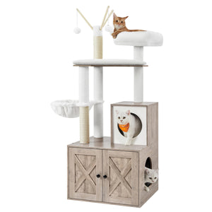 Feandrea Cat Tree with Litter Box Enclosure, 2-in-1 Modern Cat Tower, 54.3-Inch Cat Condo with Scratching Posts, Removable Pompom Sticks, Greige UPCT113G01