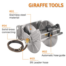 Load image into Gallery viewer, Giraffe Tools Stainless Steel Garden Hose Reel Heavy Duty, Wall/Floor Mounted Stainless Water Hose Reel Retractable with Crank, 150-Feet 5/8&quot; Hose Capacity
