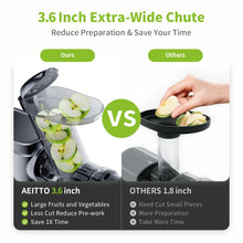 Load image into Gallery viewer, Aeitto Cold Press Juicer Machines, 3.6 Inch Wide Chute, Large Capacity, High Juice Yield, 2 Masticating Juicer Modes, Easy to Clean Slow Juicer for Vegetable and Fruit (Sliver)
