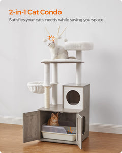 Feandrea Cat Tree with Litter Box Enclosure, 2-in-1 Modern Cat Tower, 54.3-Inch Cat Condo with Scratching Posts, Removable Pompom Sticks, Greige UPCT113G01