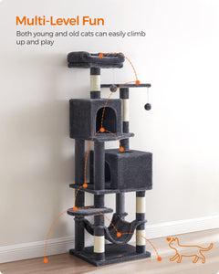 Feandrea Cat Tree, 61-Inch Cat Tower for Indoor Cats, Plush Multi-Level Cat Condo with 5 Scratching Posts, 2 Perches, 2 Caves, Hammock, 2 Pompoms, Smoky Gray UPCT192G01