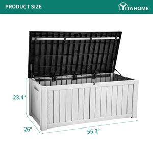 YITAHOME 120 Gallon Large Deck Box, Resin Outdoor Storage Box w/Lockable Black Lid for Outdoor Pillows, Garden Tools and Pool Supplies, Waterproof, Lockable, Grayish-White