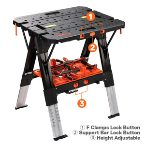 Pony Portable Folding Work Table, 2-in-1 as Sawhorse & Workbench, Load Capacity 1000 lbs-Sawhorse & 500 lbs-Workbench, 31” W×25” D×25”-32”H, with 4pcs Clamps, 4pcs Bench Dogs, 2pcs Safety Straps