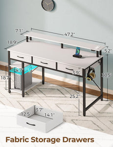 Rolanstar Computer Desk with Power Outlets & LED Light, 47 inch Home Office Desk with Drawers and Storage Shelves, Writing Desk with Monitor Stand, Modern Work Study Desk for Home Office, White