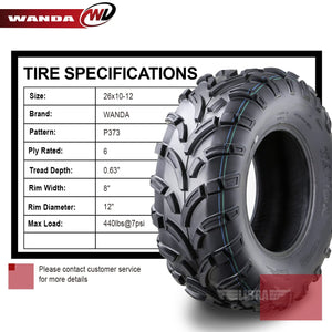 WANDA Set of 2 ATV/UTV Tires 26x10-12 /6PR P373-10258...