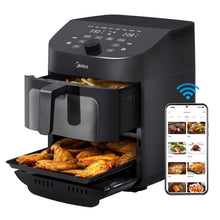 Load image into Gallery viewer, Midea Dual Basket Air Fryer Oven 11 Quart 8 in 1 Functions, Clear Window, Smart Sync Finish, Works with Alexa, Wi-Fi Connectivity, 50+ App Recipes for family meals, Bake, Roast, Grill, Broil, Toast
