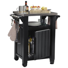 Load image into Gallery viewer, Keter Unity Outdoor Kitchen Portable Bar Cart BBQ Prep and Serving Station with Stainless Steel Top and Rolling Wheels, 40 Gallon, Graphite Grey
