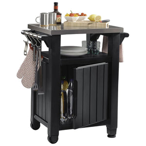 Keter Unity Outdoor Kitchen Portable Bar Cart BBQ Prep and Serving Station with Stainless Steel Top and Rolling Wheels, 40 Gallon, Graphite Grey