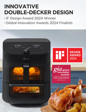 Load image into Gallery viewer, Midea Dual Basket Air Fryer Oven 11 Quart 8 in 1 Functions, Clear Window, Smart Sync Finish, Works with Alexa, Wi-Fi Connectivity, 50+ App Recipes for family meals, Bake, Roast, Grill, Broil, Toast
