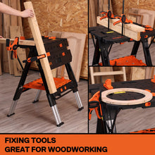 Load image into Gallery viewer, Pony Portable Folding Work Table, 2-in-1 as Sawhorse &amp; Workbench, Load Capacity 1000 lbs-Sawhorse &amp; 500 lbs-Workbench, 31” W×25” D×25”-32”H, with 4pcs Clamps, 4pcs Bench Dogs, 2pcs Safety Straps
