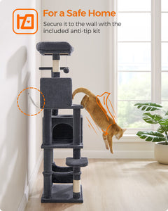 Feandrea Cat Tree, 61-Inch Cat Tower for Indoor Cats, Plush Multi-Level Cat Condo with 5 Scratching Posts, 2 Perches, 2 Caves, Hammock, 2 Pompoms, Smoky Gray UPCT192G01