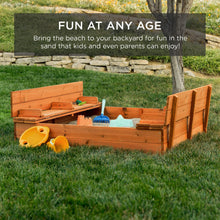 Load image into Gallery viewer, Best Choice Products Kids&#39; Outdoor Wooden Sandbox Large, Cedar Wood with Foldable Bench Seats and Sand Protection, Bottom Liner Included - Brown
