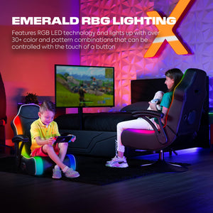 X Rocker Emerald RGB LED Youth Floor Rocking Video Gaming Chair with Headrest Speakers, Armrests, Foldable, Vegan Leather, 200 lbs Max, Amazon Exclusive, Black