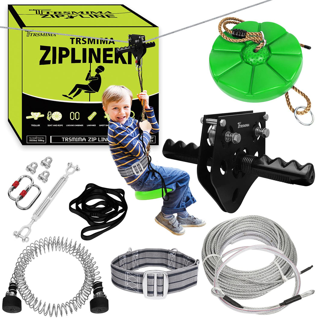 TT TRSMIMA 100 ft /120 ft /150 ft/180ft Zip Line Kit for Kids and Adult Up to 380 lb - Updated Removable Design Trolley and Thickened Seat, Rust Proof W/Safety Harness - Zipline Kits for Backyard