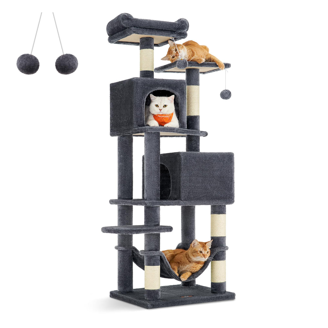 Feandrea Cat Tree, 61-Inch Cat Tower for Indoor Cats, Plush Multi-Level Cat Condo with 5 Scratching Posts, 2 Perches, 2 Caves, Hammock, 2 Pompoms, Smoky Gray UPCT192G01