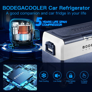 BODEGACOOLER 12 Volt Car Refrigerator,53 Quart Portable Fridge Freezer,Dual Zone Car Cooler WIFI APP Control,-4℉-68℉ （50L）Electric Compressor Cooler 12/24V DC and 100-240V AC for Camping,Travel,RV