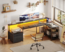 Load image into Gallery viewer, ODK L Shaped Desk with File Drawer, 75&quot; Reversible L Shaped Computer Desk with Power Outlet &amp; LED Strip, Office Desk with Storage Shelves, Gaming Desk with Monitor Shelf, Corner Desk, Black
