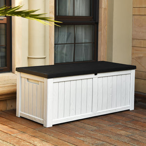 YITAHOME 120 Gallon Large Deck Box, Resin Outdoor Storage Box w/Lockable Black Lid for Outdoor Pillows, Garden Tools and Pool Supplies, Waterproof, Lockable, Grayish-White