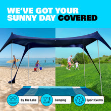 Load image into Gallery viewer, SUN NINJA Beach Tent Sun Shelter with UPF50+ Protection, includes Sand Shovel, Ground Pegs and Stability Poles, Outdoor Pop Up Beach Shade Canopy for Camping, Fishing, Backyard Fun or Picnics
