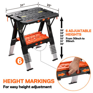 Pony Portable Folding Work Table, 2-in-1 as Sawhorse & Workbench, Load Capacity 1000 lbs-Sawhorse & 500 lbs-Workbench, 31” W×25” D×25”-32”H, with 4pcs Clamps, 4pcs Bench Dogs, 2pcs Safety Straps