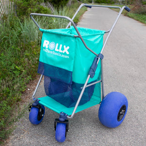 RollX Beach Cart with 4 Balloon Wheels for Sand, Foldable Storage Wagon with Rear 13 Inch Beach Tires, Front 7 Inch Beach Tires (Pump Included) (Seafoam)