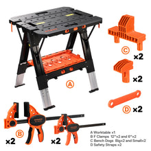 Load image into Gallery viewer, Pony Portable Folding Work Table, 2-in-1 as Sawhorse &amp; Workbench, Load Capacity 1000 lbs-Sawhorse &amp; 500 lbs-Workbench, 31” W×25” D×25”-32”H, with 4pcs Clamps, 4pcs Bench Dogs, 2pcs Safety Straps
