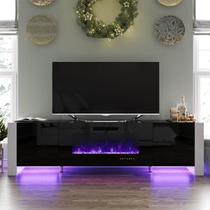 VanAcc 70" Fireplace TV Stand with 36" Electric Fireplace, High Gloss Entertainment Center with LED Lights, Modern Entertainment Stand for TVs up to 80", Black