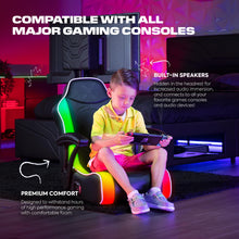 Load image into Gallery viewer, X Rocker Emerald RGB LED Youth Floor Rocking Video Gaming Chair with Headrest Speakers, Armrests, Foldable, Vegan Leather, 200 lbs Max, Amazon Exclusive, Black
