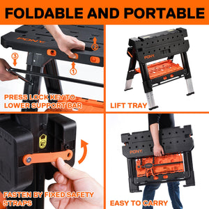 Pony Portable Folding Work Table, 2-in-1 as Sawhorse & Workbench, Load Capacity 1000 lbs-Sawhorse & 500 lbs-Workbench, 31” W×25” D×25”-32”H, with 4pcs Clamps, 4pcs Bench Dogs, 2pcs Safety Straps