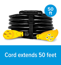 Load image into Gallery viewer, Camco Power Grip 50-Ft 50 Amp RV Extension Cord - Rated for 125/250 V/12,500 W - Features Copper 6/3 + 8/1-Gauge Wires for Superior Conductivity &amp; Coated w/Heat-Resilient PVC (55199)
