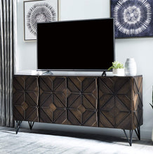 Load image into Gallery viewer, Signature Design by Ashley Chasinfield Urban Geometric Design TV Stand Fits TVs up to 70&quot;, 4 Cabinet Doors and 3 Adjustable Storage Shelves, Dark Brown
