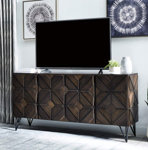 Signature Design by Ashley Chasinfield Urban Geometric Design TV Stand Fits TVs up to 70", 4 Cabinet Doors and 3 Adjustable Storage Shelves, Dark Brown