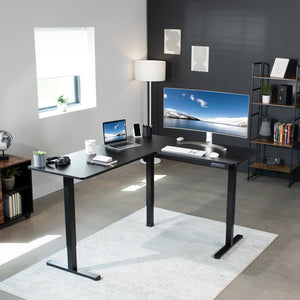 VIVO Electric Height Adjustable 63 x 55 inch Corner Stand Up Desk, Black Table Top, Black Frame, L-Shaped Standing Workstation, 3CT Series, DESK-E3CTB